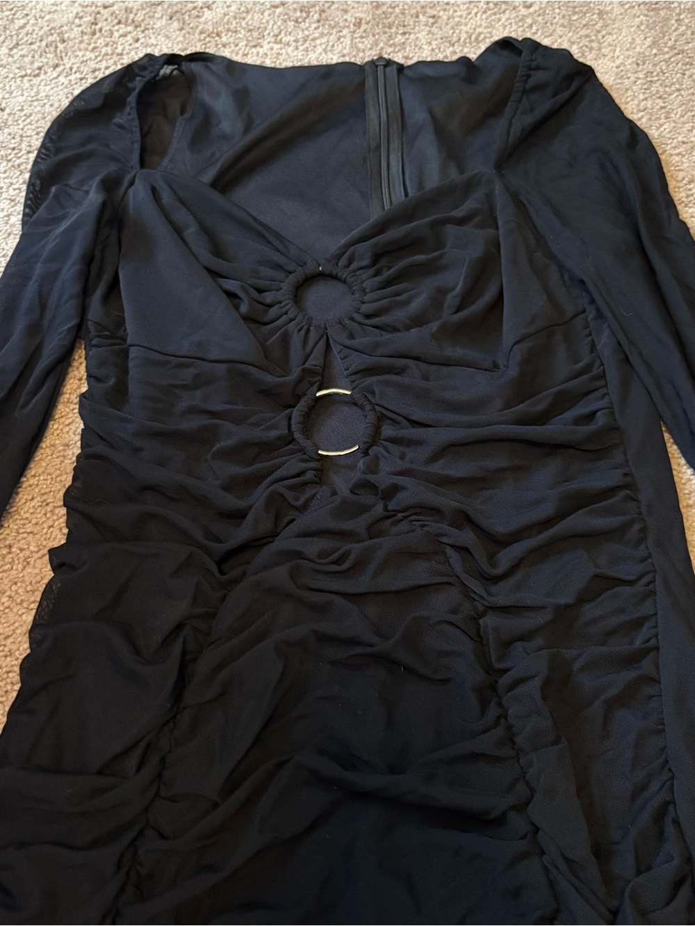 Black Long-Sleeve Ruched Ring-Accent Dress